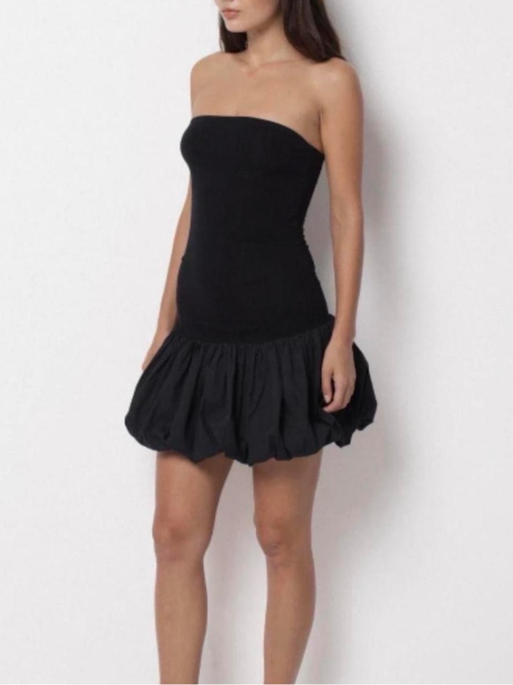 Strapless Black Bubble-Hem Mini Dress